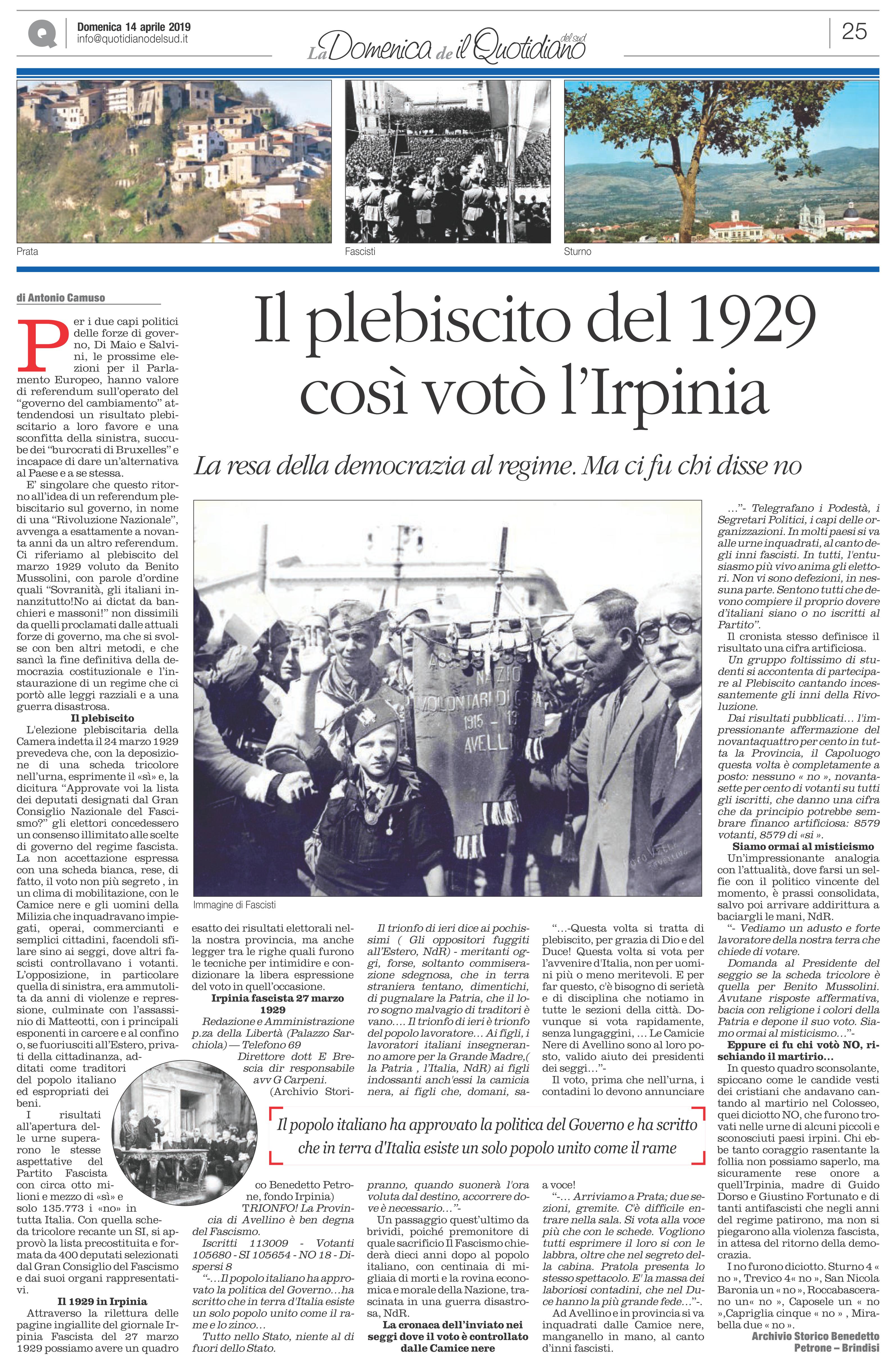 Il plebiscito fascista del 1929 in Irpinia risultati lo